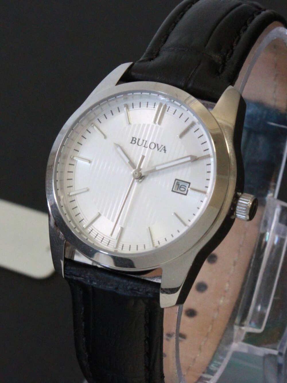 Bulova Ladies Classic Dress Watch Stainless, Silver Textured Dial, Black Strap - Picture 7 of 13
